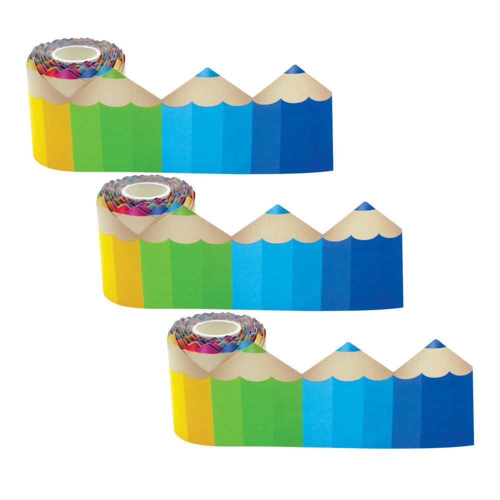 Teacher Created Resources Die-Cut Rolled Border Trim, Colored Pencils, 50' Per Roll, Set Of 3 Rolls