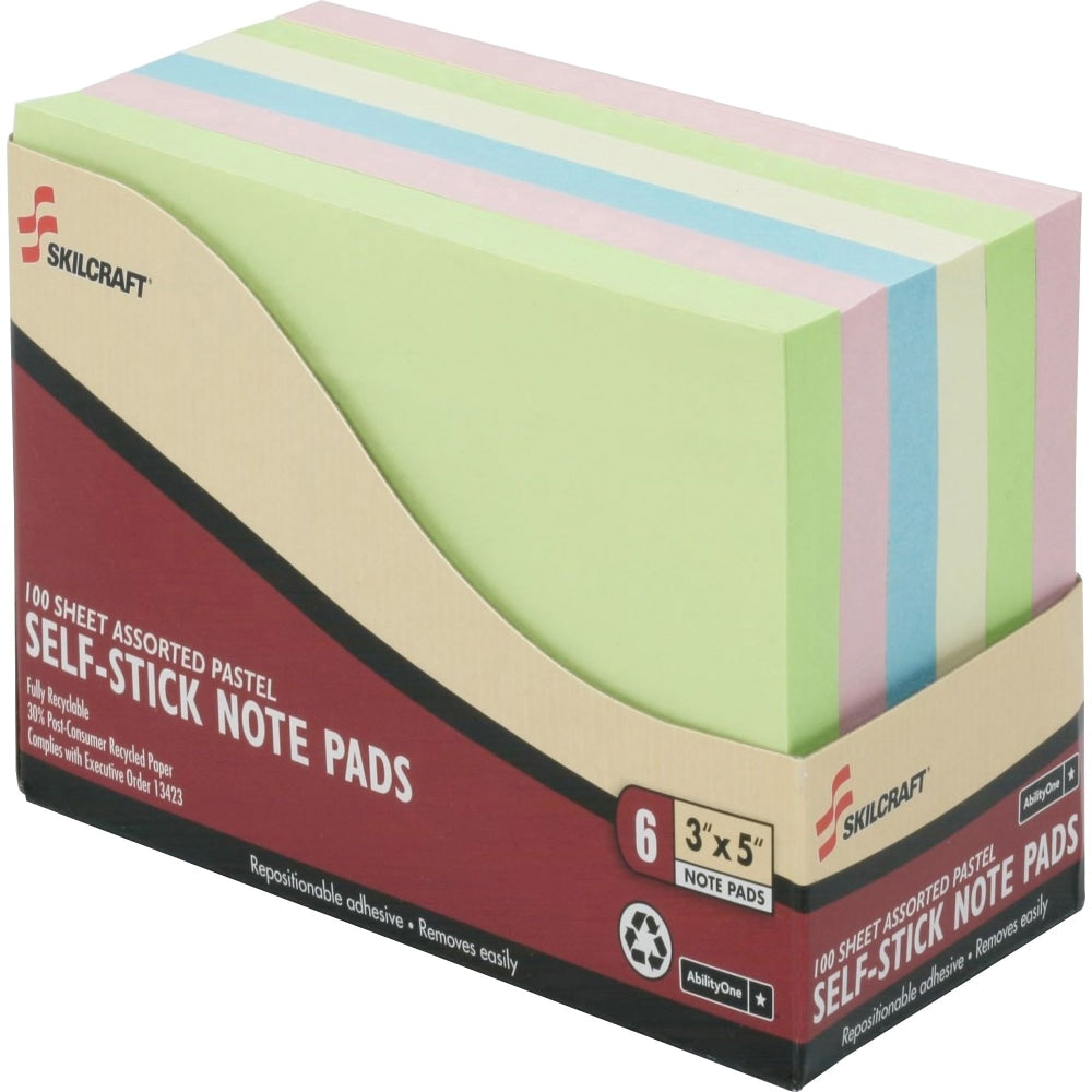 SKILCRAFT 3in x 5in 30% Recycled Self-Stick Notes, Assorted Pastel Colors, Pack Of 6 (AbilityOne 7530-01-456-0683)