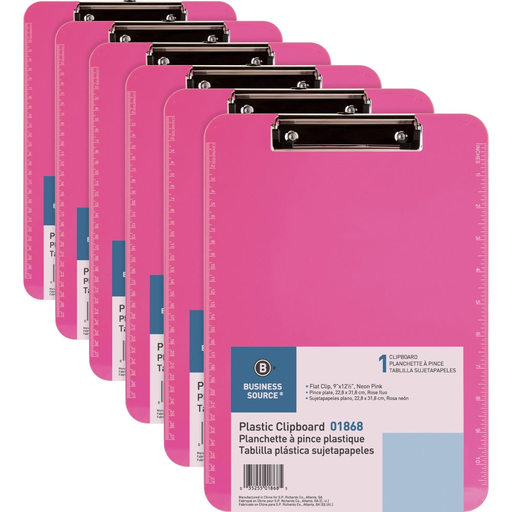 Business Source Flat Clip Plastic Clipboard - 9in x 12in - Plastic - Neon Pink - 6 / Bundle