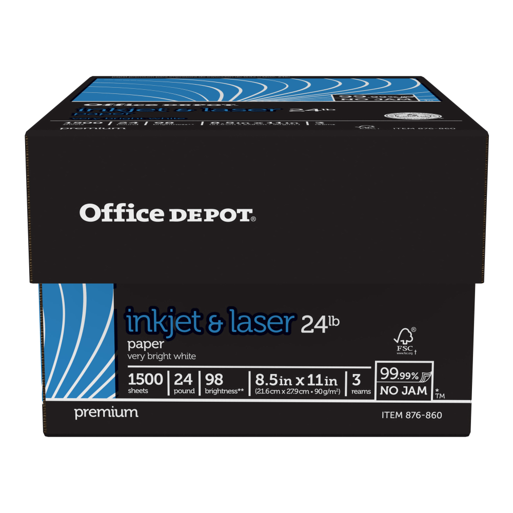 Office Depot Inkjet Or Laser Paper, White, Letter Size Paper, 500 Sheets Per Ream, Case Of 3 Reams, 24 Lb, 98 Brightness