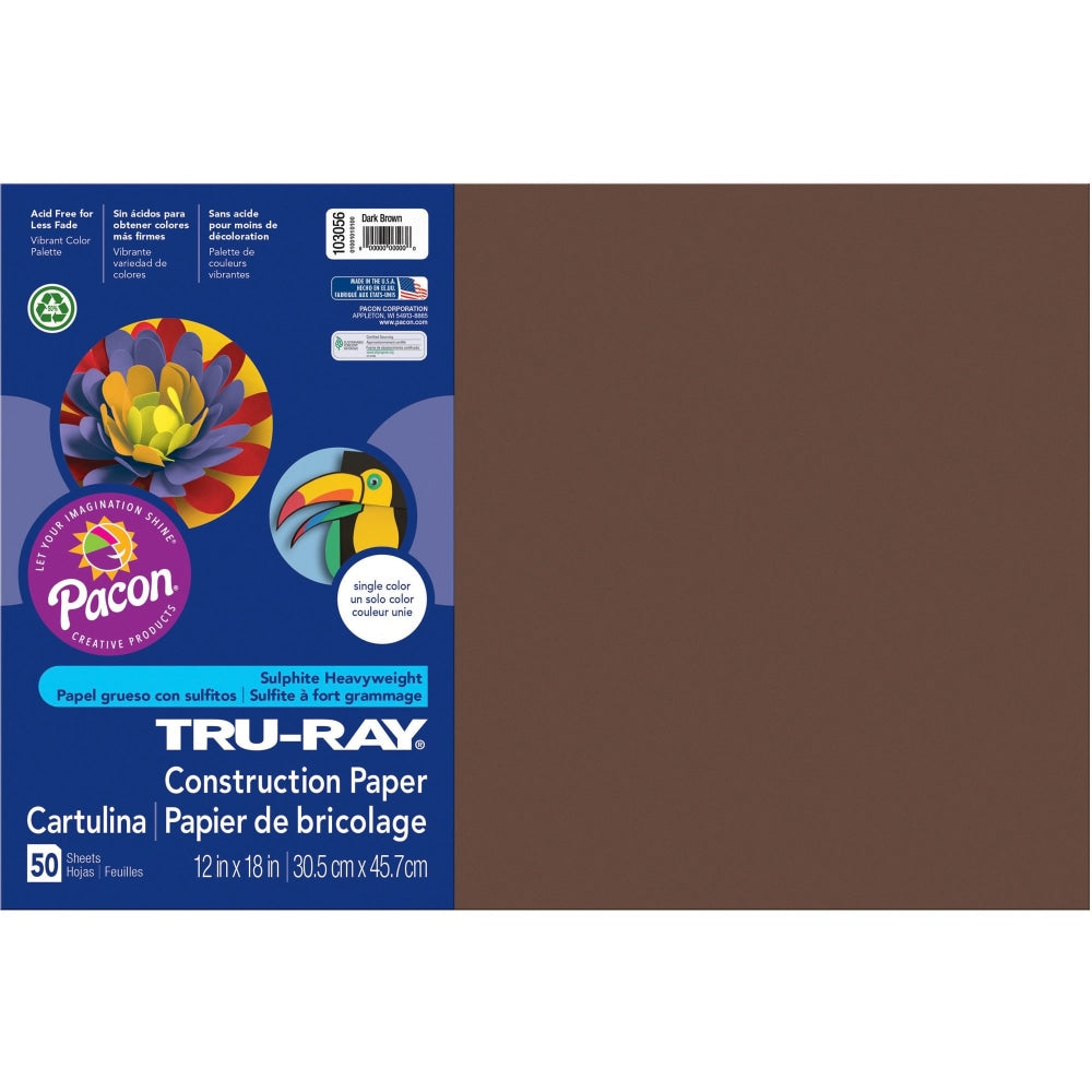 Tru-Ray Construction Paper, 50% Recycled, 12in x 18in, Dark Brown, Pack Of 50