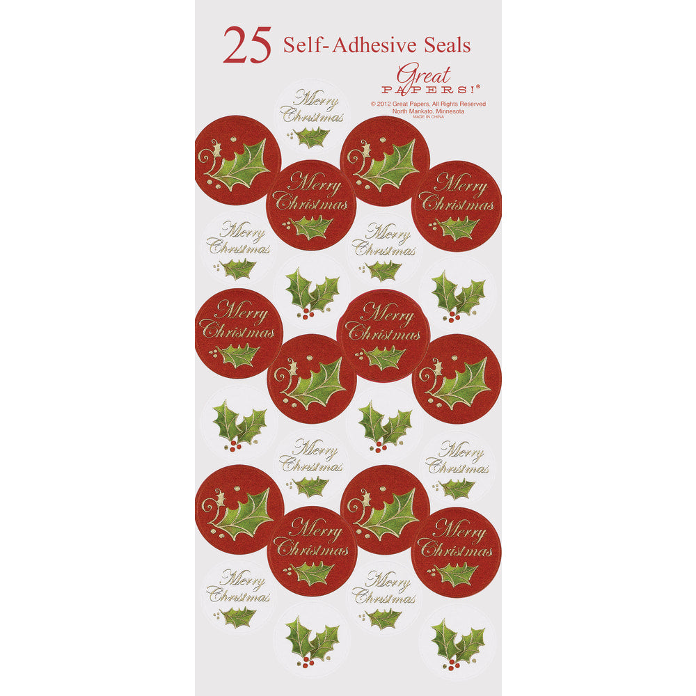 Great Papers! Holiday Foil Seals, 1in, Gold/Green/Red, Christmas Holly, Pack Of 50