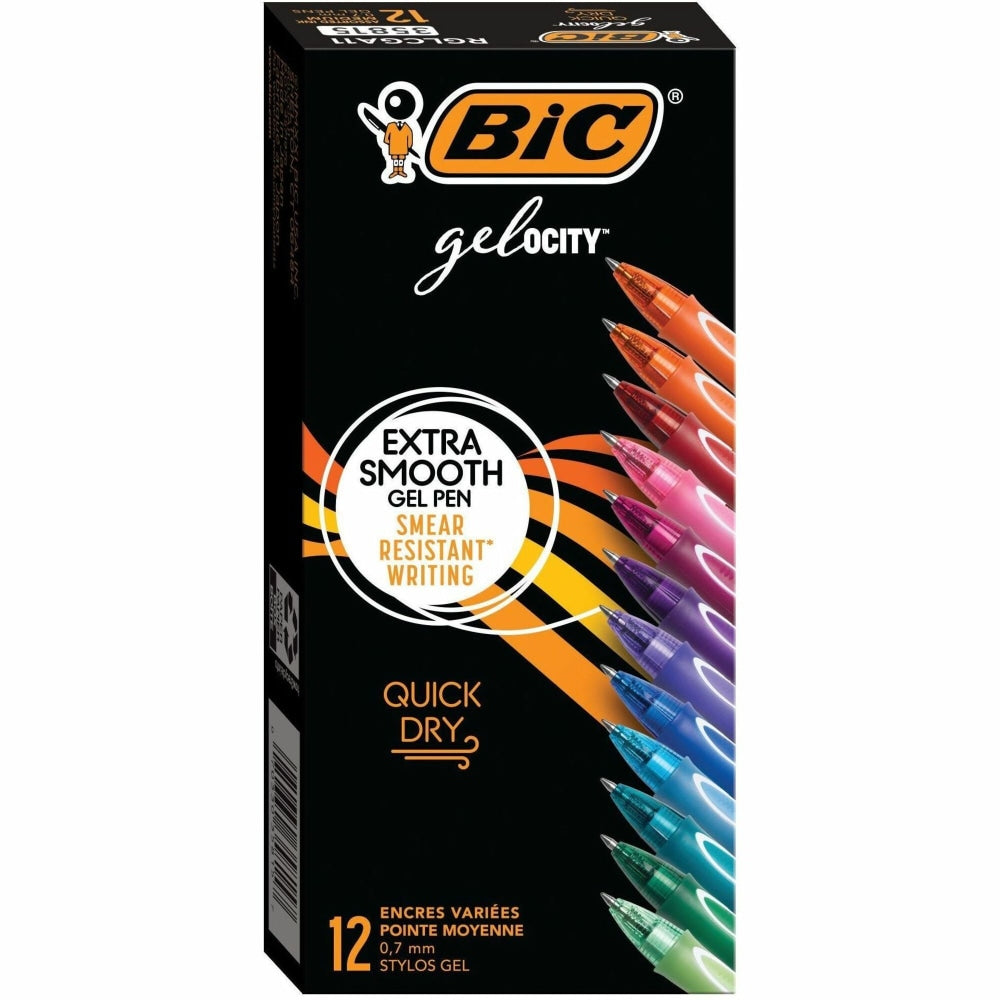 BIC Gel-ocity Gel Pens, Pack Of 12, Medium Point, 0.7 mm, Assorted Ink