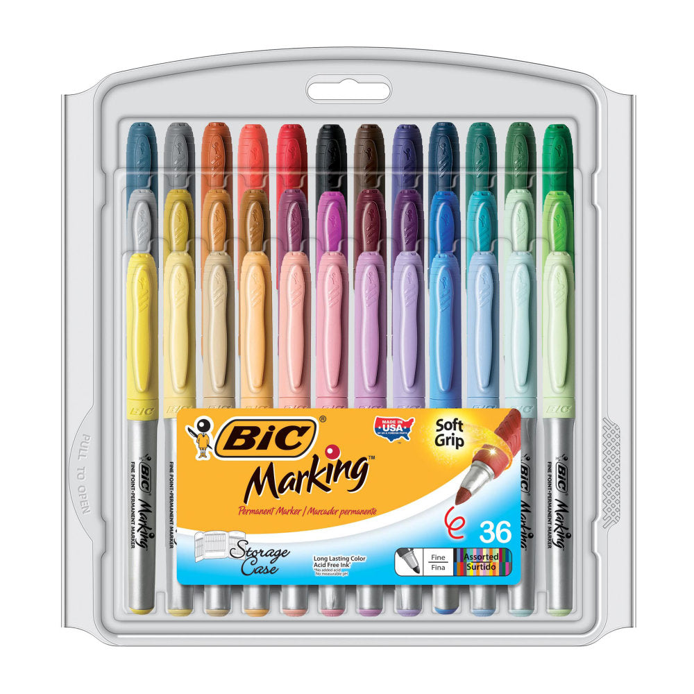 BIC Mark-It Permanent Fashion Markers With Reusable Case, Assorted, Pack Of 36