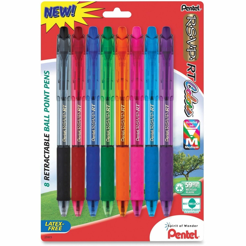 Pentel R.S.V.P. RT Retractable Ballpoint Pens, 1.0 mm, Medium Point, 59% Recycled, Assorted Barrels, Assorted Ink Colors, Pack Of 8