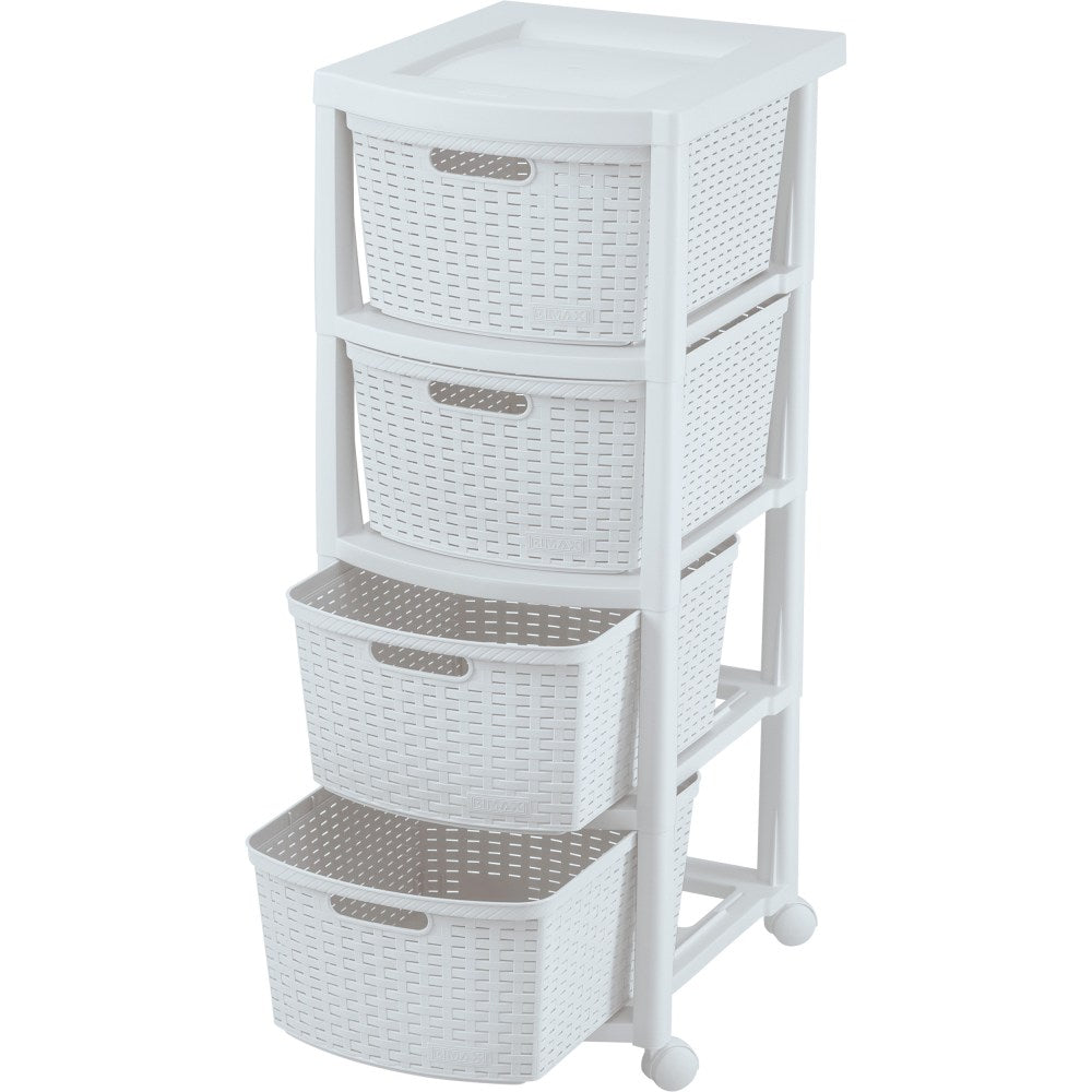 Rimax Plastic 4-Drawer Rolling Storage Cart, 32 15/16in x 13in x 15 4/9in, White