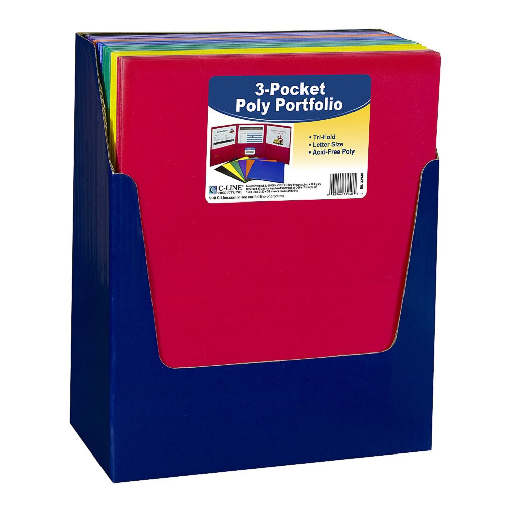 C-Line 3-Pocket Poly Portfolios, 8-1/2in x 11in, Assorted Colors, Box Of 24 Portfolios