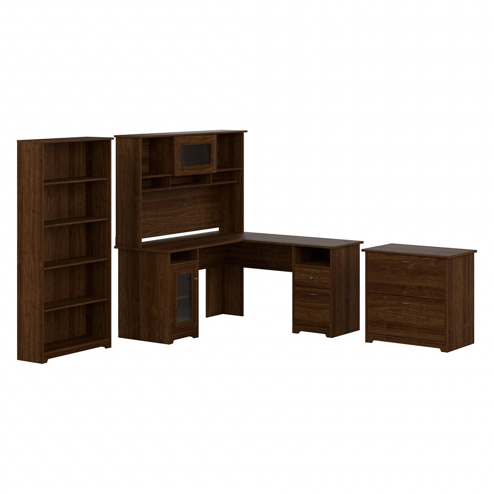 Bush Business Furniture Cabot 60inW L-Shaped Corner Desk With Hutch, Lateral File Cabinet And 5-Shelf Bookcase, Modern Walnut, Standard Delivery