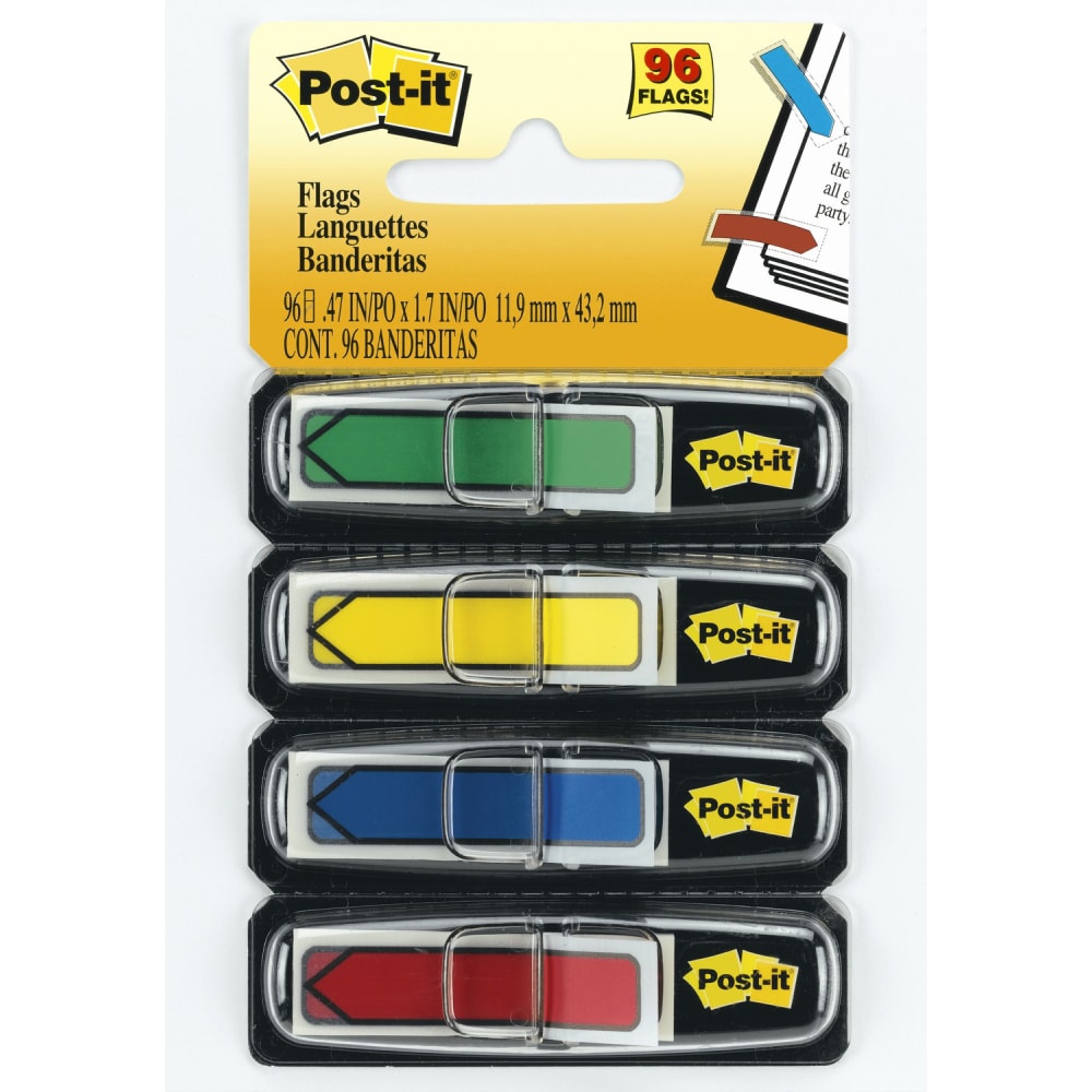 Post-it Notes Arrow Flags, 1/2in, Assorted Primary Colors, 24 Flags Per Pad, Pack Of 4 Pads