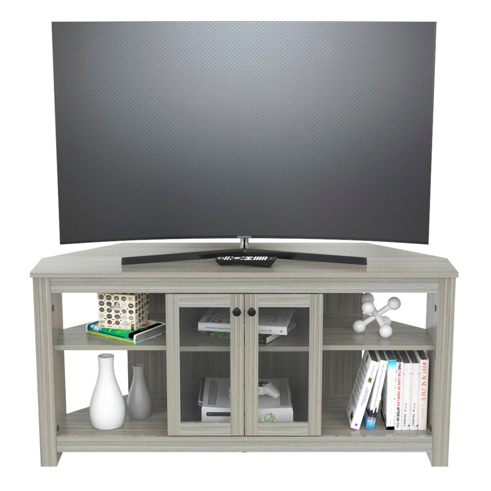 Inval Corner TV Stand With Glass Doors For 60in TVs, 24-1/4inH x 49-1/8inW x 16-1/8inD, Smoked Oak