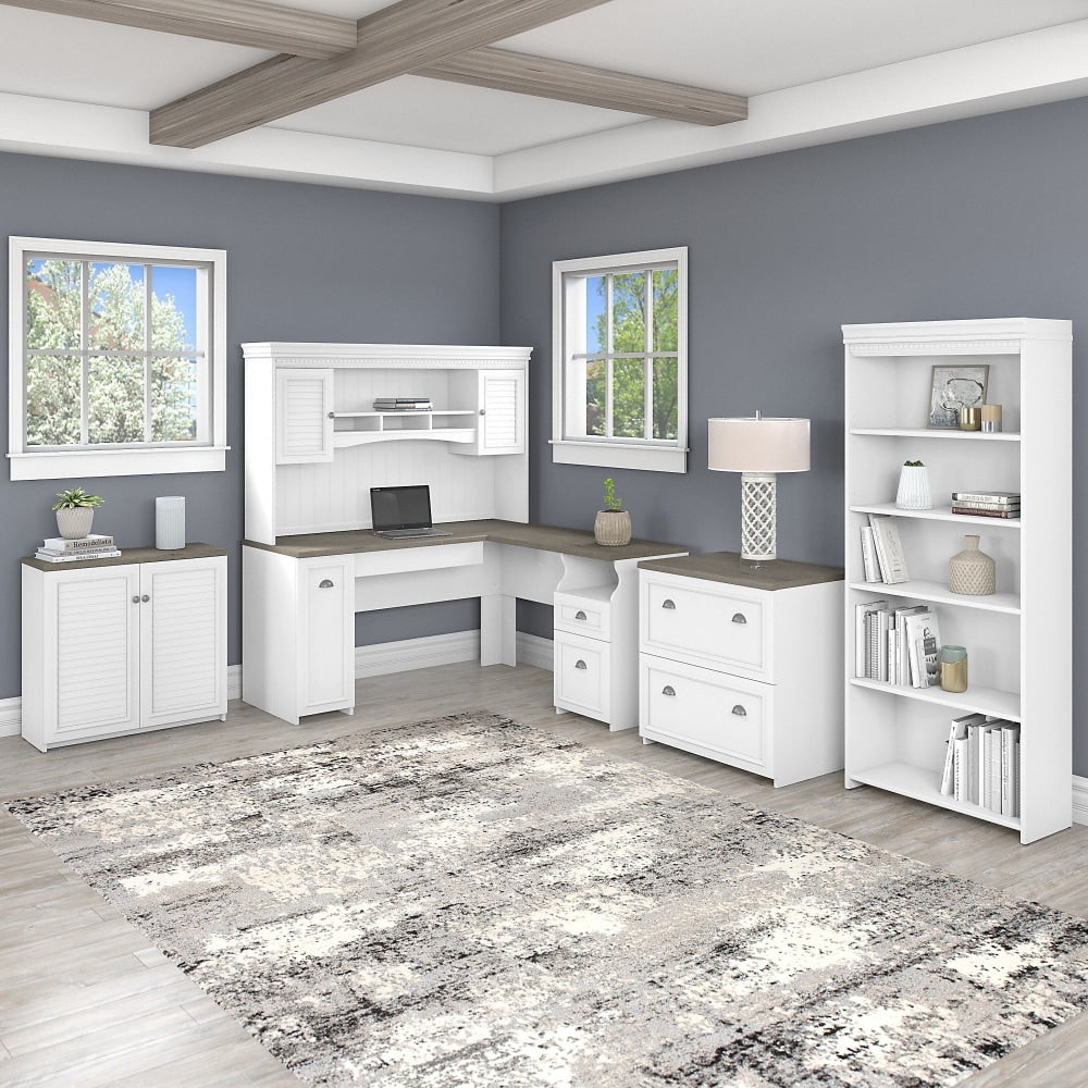 Bush Furniture Fairview 60inW L-Shaped Desk With Hutch, File Cabinet, Bookcase and Storage, Shiplap Gray/Pure White, Standard Delivery