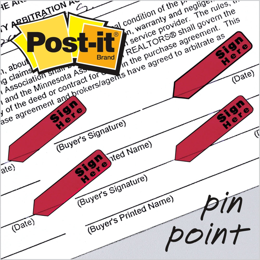 Post-it Notes Arrow Flags, " Sign Here", 1/2in, Red, 20 Flags Per Pad, Pack Of 4 Pads