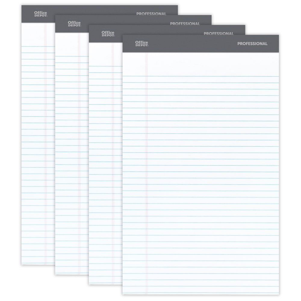 Office Depot Brand Professional Writing Pads, 8 1/2in x 14in, Legal/Wide Ruled, 50 Sheets, White, Pack Of 4