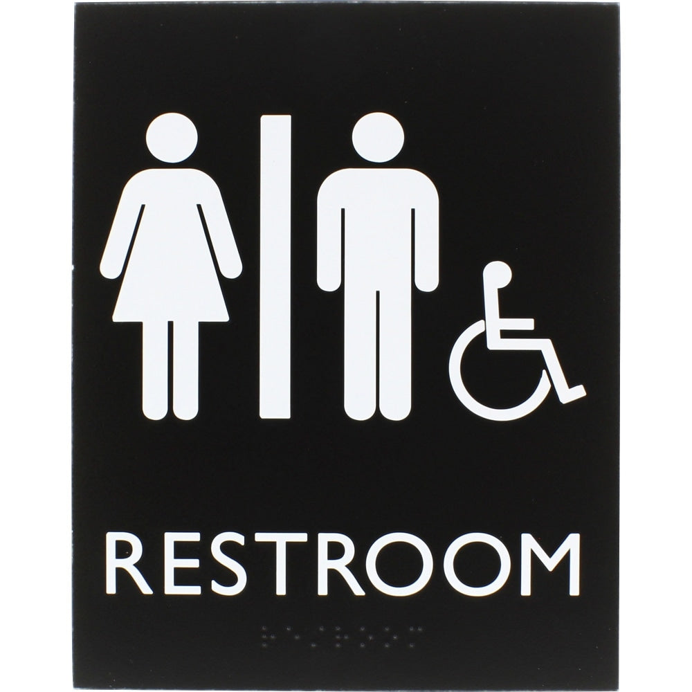 Lorell Unisex Handicap Restroom Sign - 1 Each - Restroom (Man/Woman/Wheelchair) Print/Message - 6.4in Width x 8.5in Height - Rectangular Shape - Surface-mountable - Easy Readability, Braille - Restroom - Plastic - Black, Black