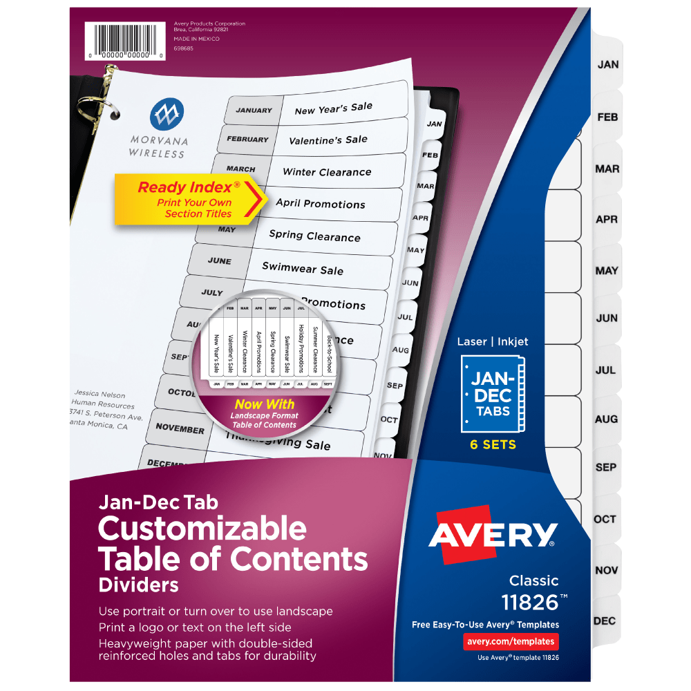 Avery Ready Index Jan-Dec Binder Dividers With Customizable Table of Contents, 8-1/2in x 11in, 12 Tabs Per Set, Classic White Tabs, Pack Of 6 Sets