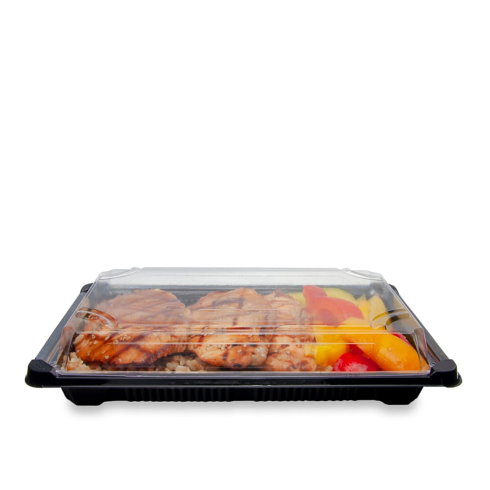 Stalk Market Compostable Food Trays, With Lids, 9.25in x 5.75in x 1.75in, Clear lids and black bottoms, Pack of 300 Trays