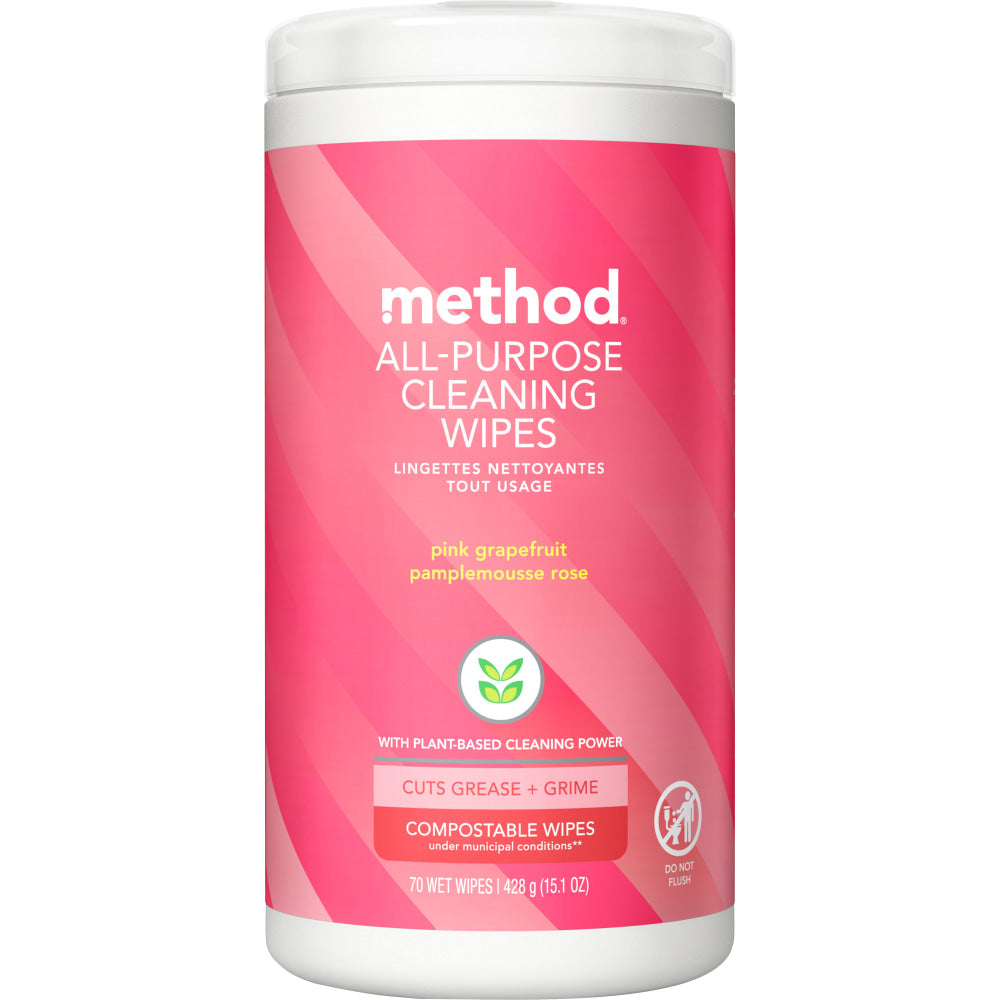 Method All-Purpose Cleaning Wipes, 3in x 4in, Pink Grapefruit Scent, Pink, Tub Of 70