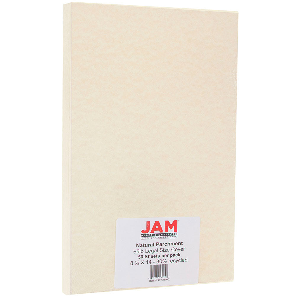 JAM Paper Legal Card Stock, Natural Parchment, Legal (8.5in x 14in), 65 Lb, Pack Of 50