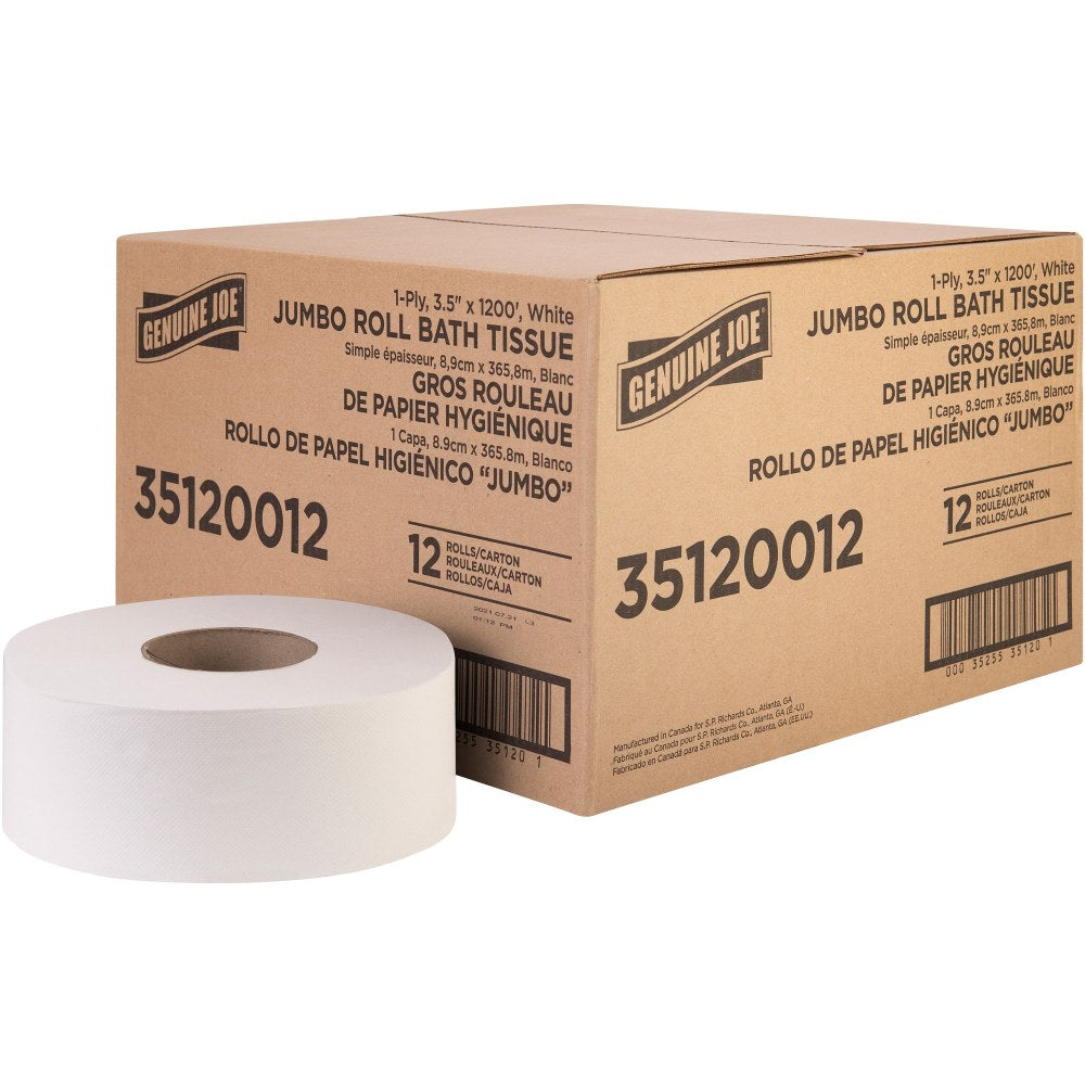 Genuine Joe 1-ply Jumbo Roll Bath Tissue - 1 Ply - 3.63in x 1200 ft - 8.88in Roll Diameter - White - Fiber - 12 / Carton