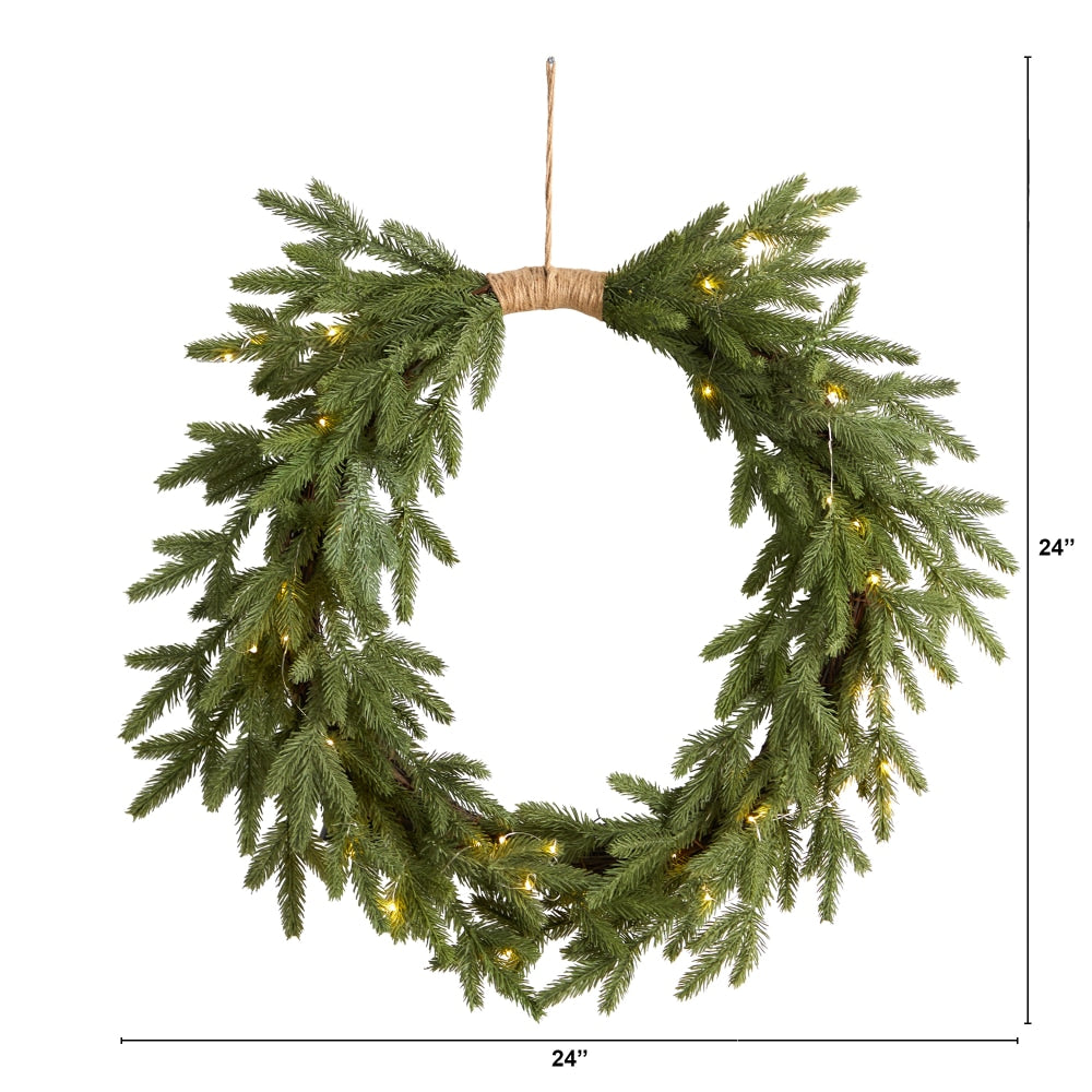 Nearly Natural Holiday Christmas 24inH Pine Pre-Lit Cascading Wreath, 24in x 5in, Green