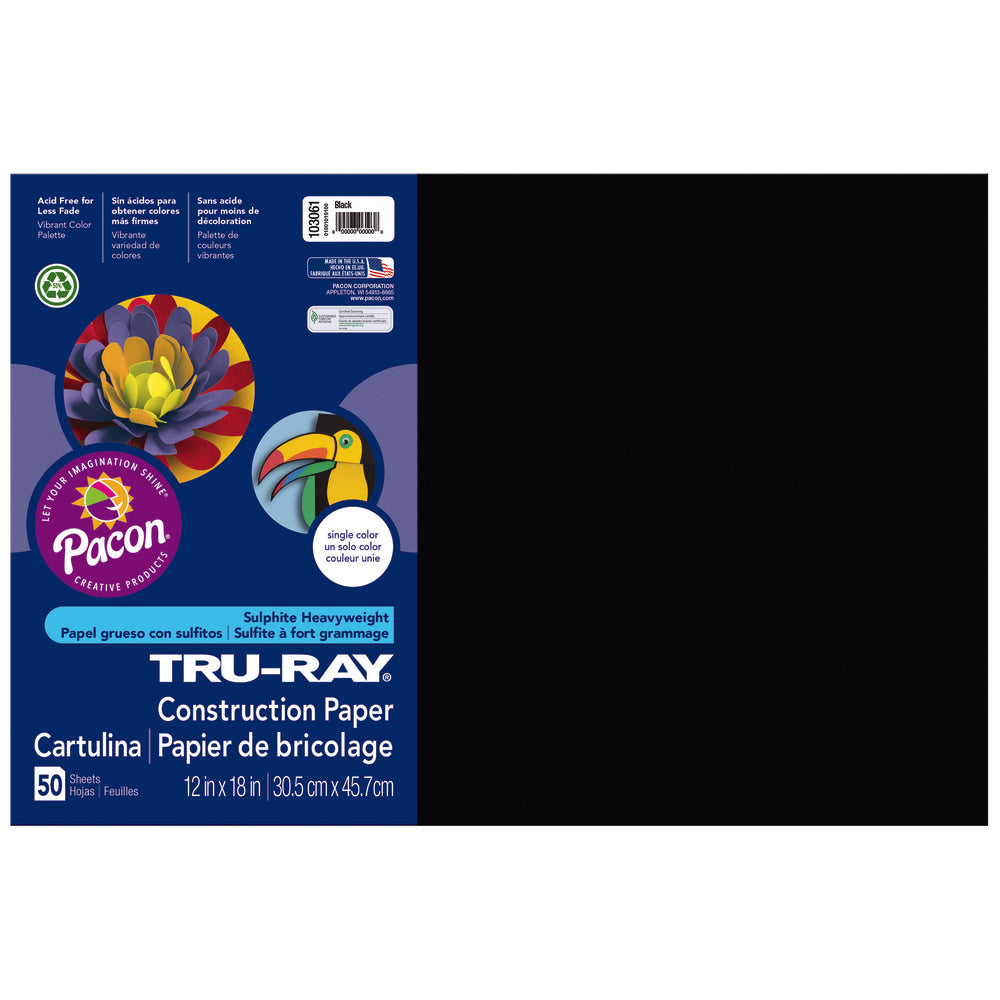 Tru-Ray Construction Paper, 50% Recycled, 12in x 18in, Black, Pack Of 50