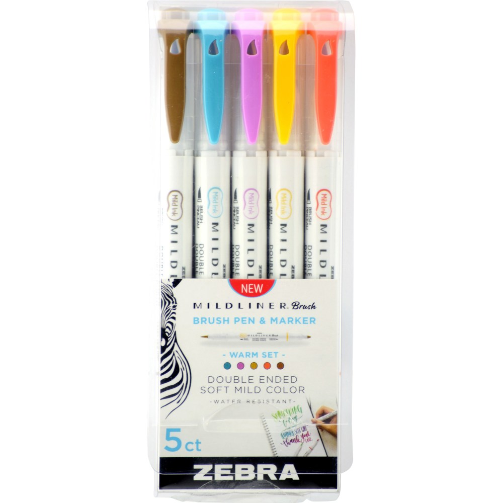 Zebra Pen MILDLINER Double-Ended Creative Markers, Pack Of 5, Fine/Brush Point, Assorted Bright Colors