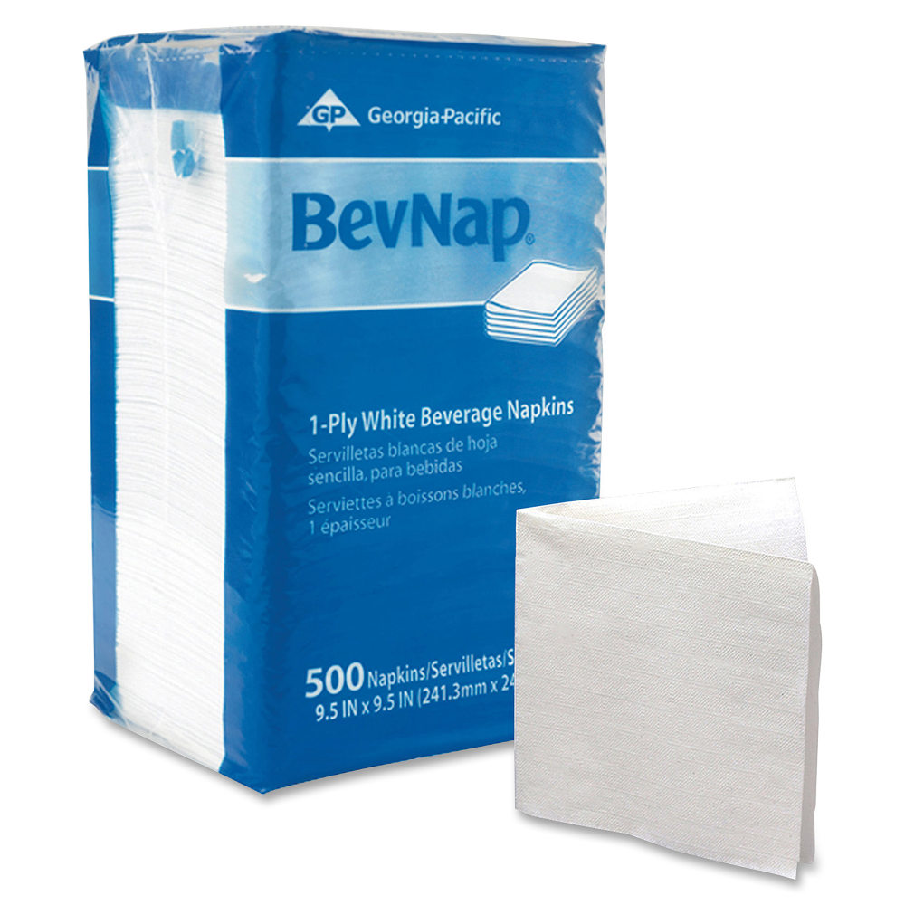 Georgia-Pacific BevNap 1-Ply Beverage Napkins, 9 1/2in x 9 1/2in, White, 500 Napkins Per Pack, Carton Of 4000