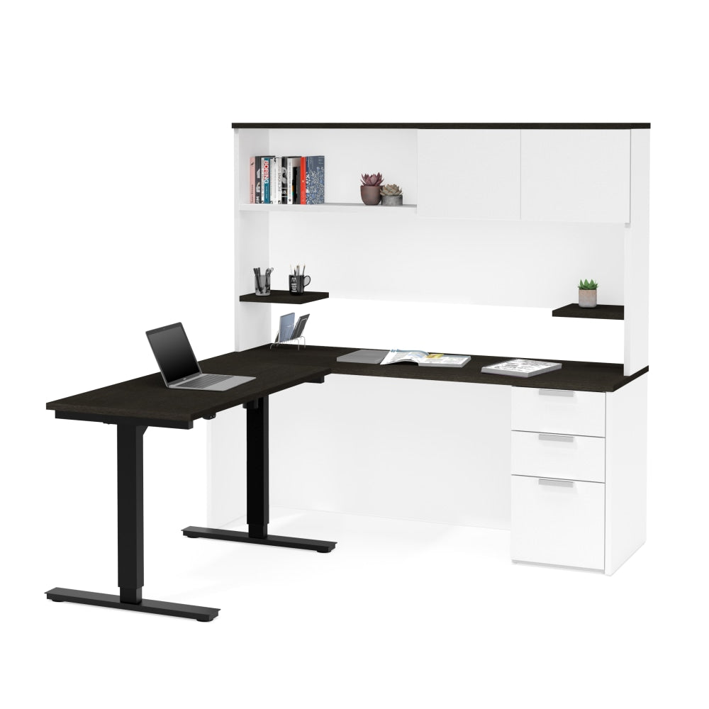 Bestar Pro-Concept Plus 72inW L-Shaped Standing Corner Desk With Pedestal And Hutch, White/Deep Gray