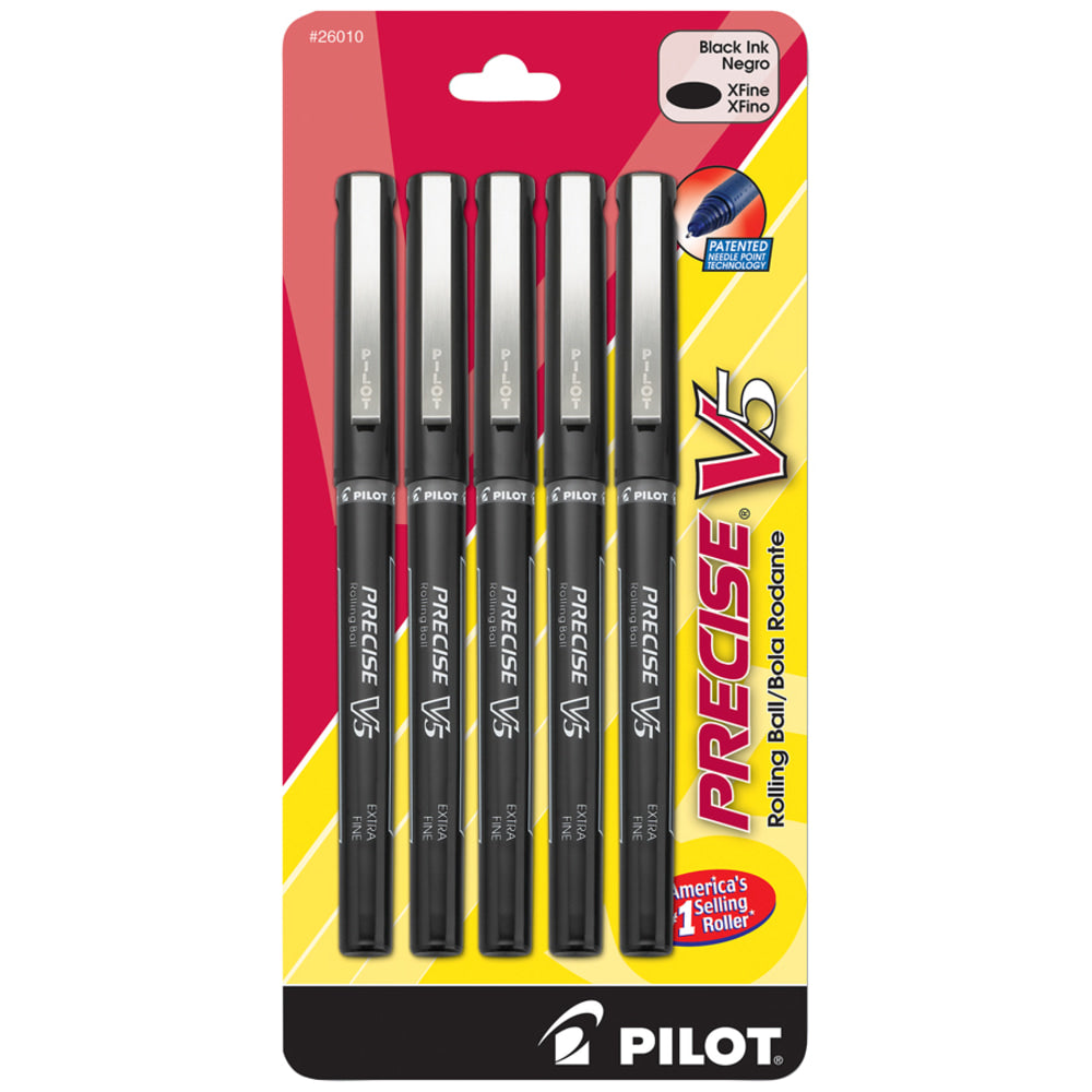 Pilot Precise V5 Liquid Ink Rollerball Pens, Extra Fine Point, 0.5 mm, Black Barrel, Black Ink, Pack Of 5