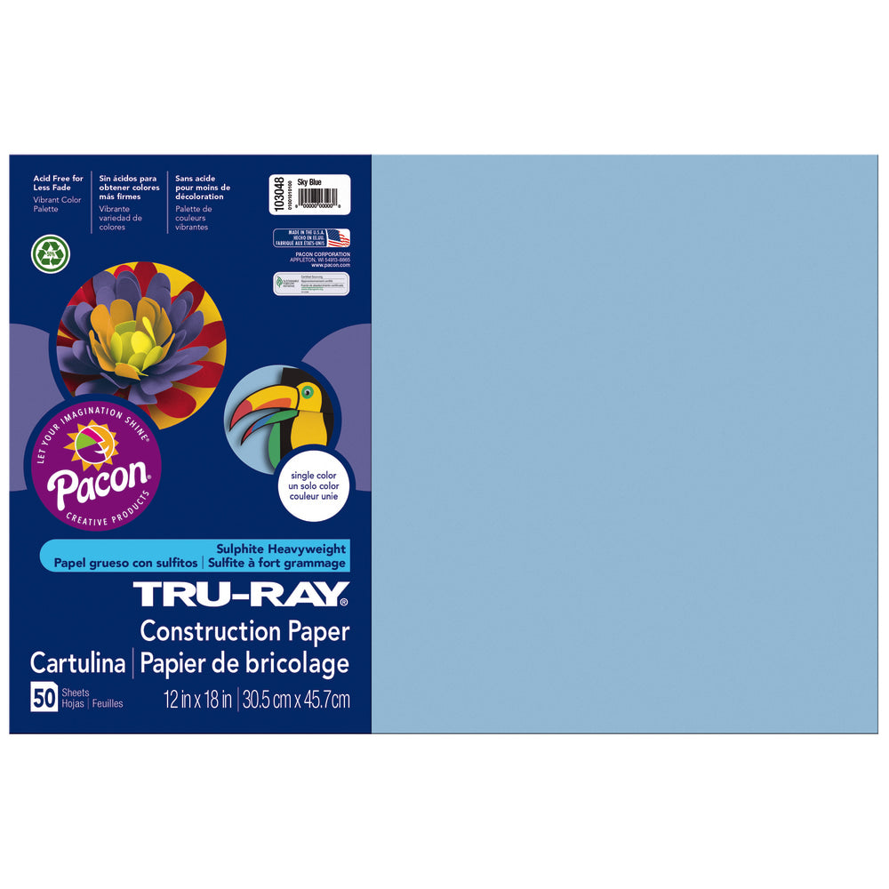 Tru-Ray Construction Paper, 50% Recycled, 12in x 18in, Sky Blue, Pack Of 50