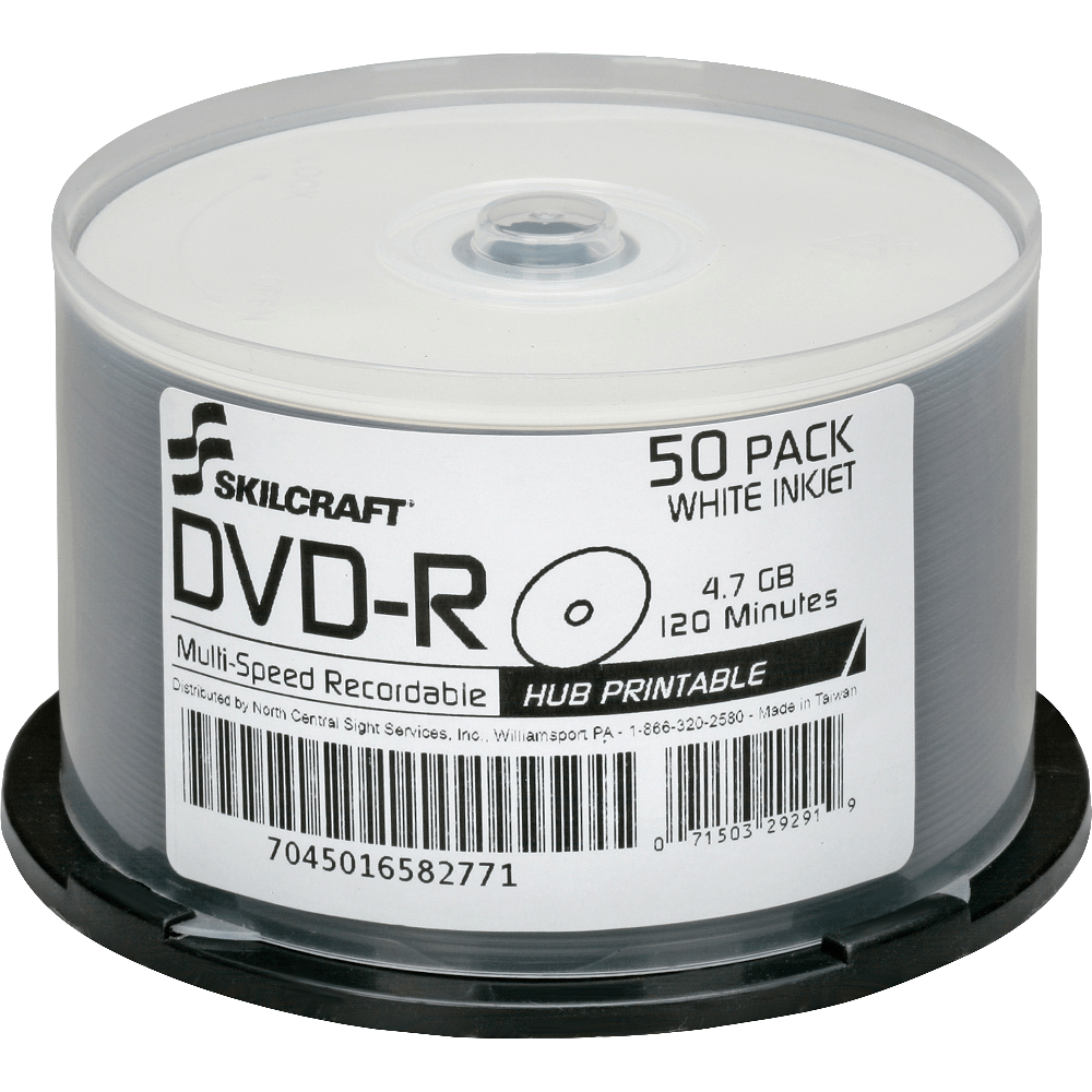 SKILCRAFT Inkjet Printable DVD-R Recordable Media With Spindle, 4.70 GB/120 Minutes, Pack Of 50 Pack