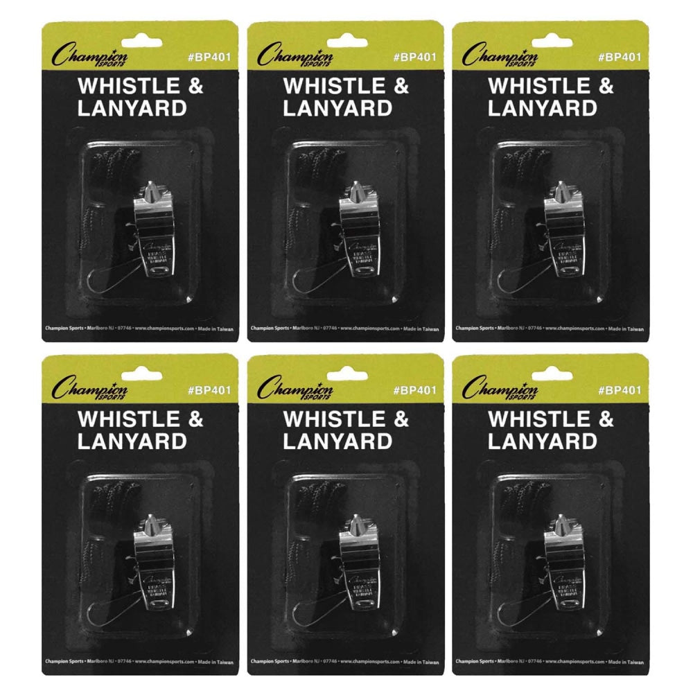 Champion Sports Metal Whistle & Lanyard Packs, 13/16inH x 13/16inW x 1-3/4inD, Silver/Black, Set Of 6 Packs