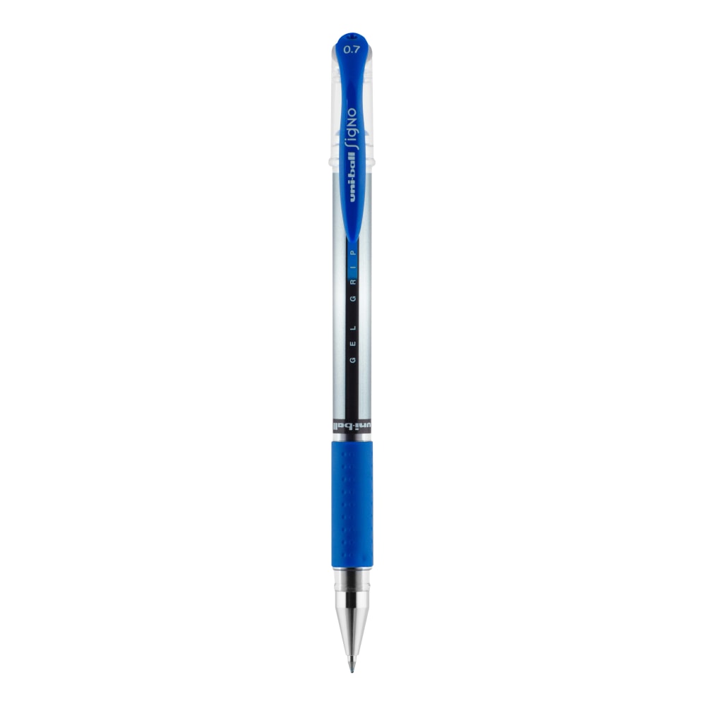 uni-ball Gel Grip Pens, Medium Point, 0.7 mm, Clear Barrel, Blue Ink, Pack Of 12