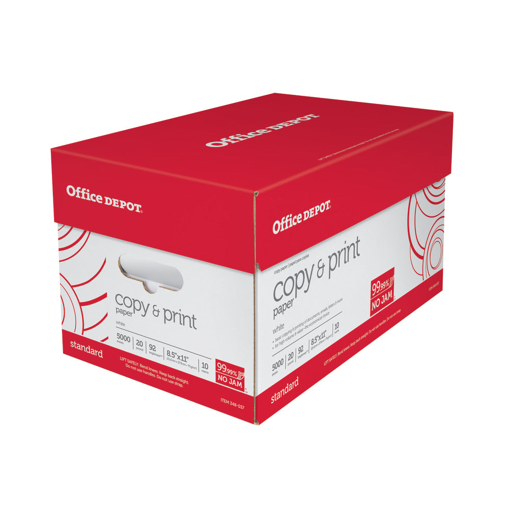 Office Depot Multi-Use Printer & Copy Paper, White, Letter (8.5in x 11in), 5000 Sheets Per Case, 20 Lb, 92 Brightness, Case Of 10 Reams