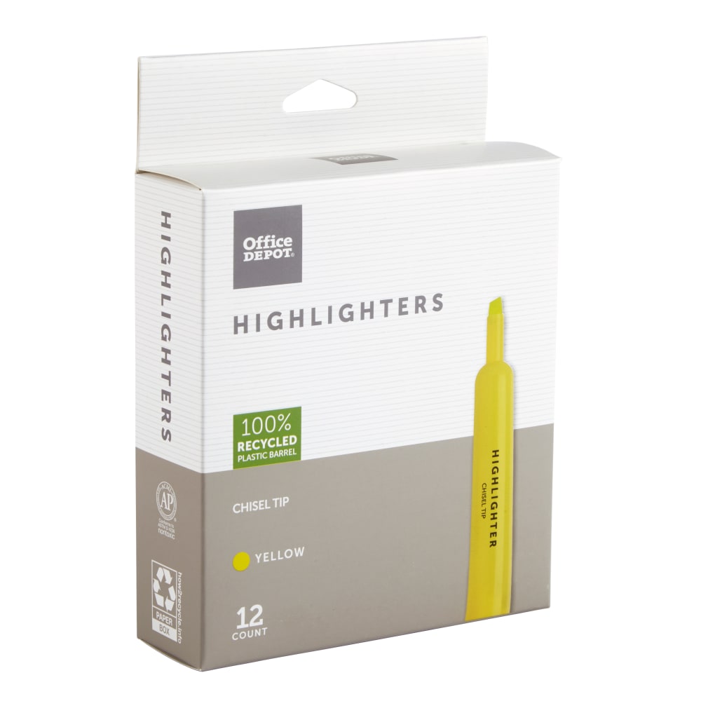 Office Depot Brand Chisel-Tip Highlighters, 100% Recycled Plastic Barrel, Fluorescent Yellow, Pack Of 12