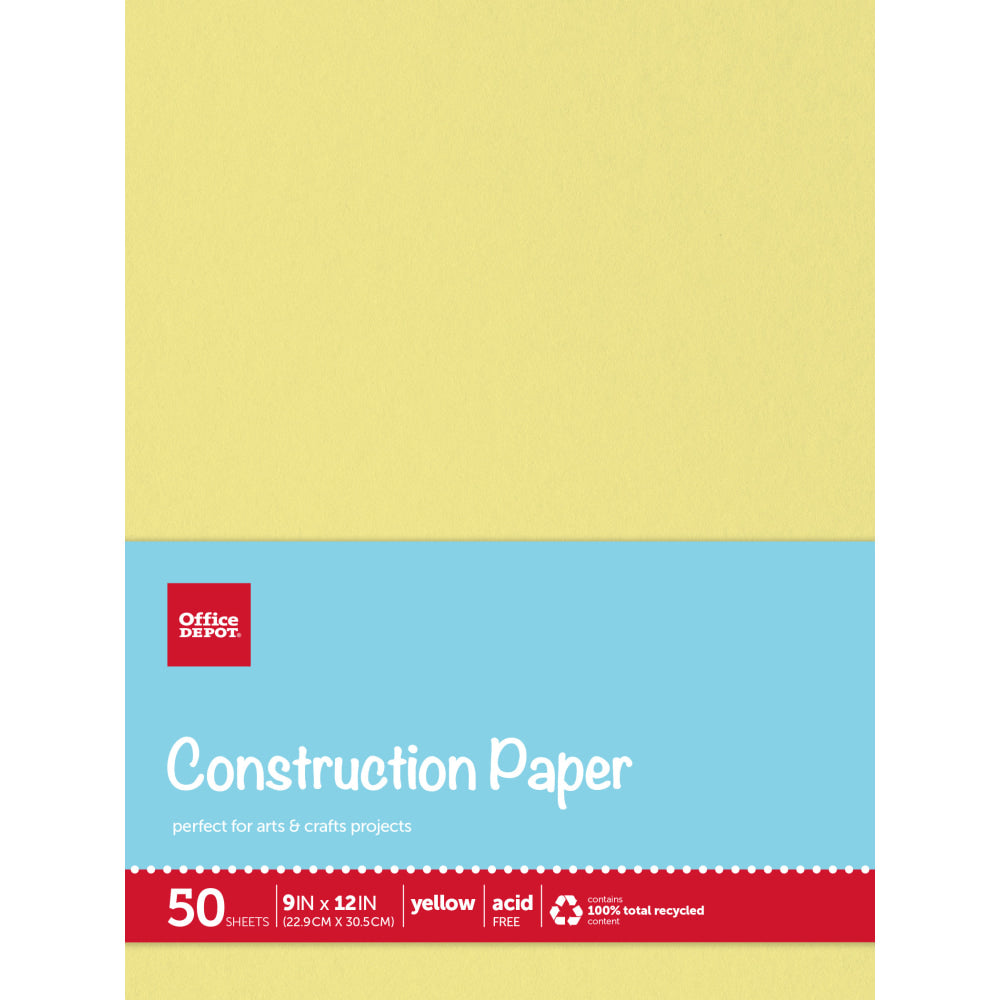 Office Depot Brand Construction Paper, 9in x 12in, 100% Recycled, Yellow, Pack Of 50 Sheets