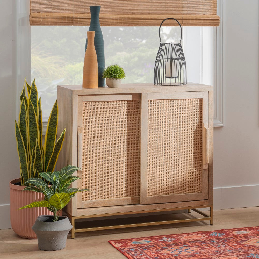 Powell Braden 33inW Rattan Cabinet With 2 Doors, Natural/Gold