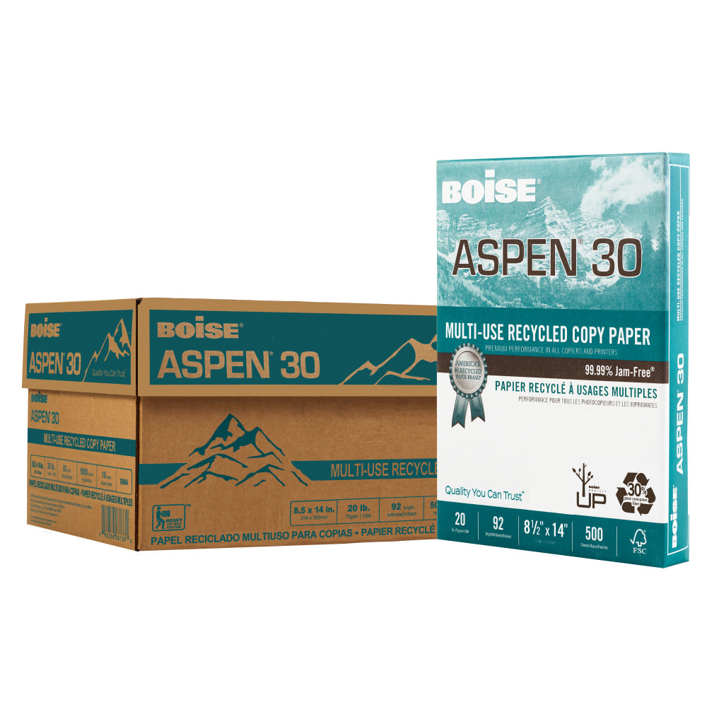 Boise ASPEN 30 Multi-Use Printer & Copy Paper, White, Legal (8.5in x 14in), 5000 Sheets Per Case, 20 Lb, 92 Brightness, 30% Recycled, FSC Certified, Case Of 10 Reams