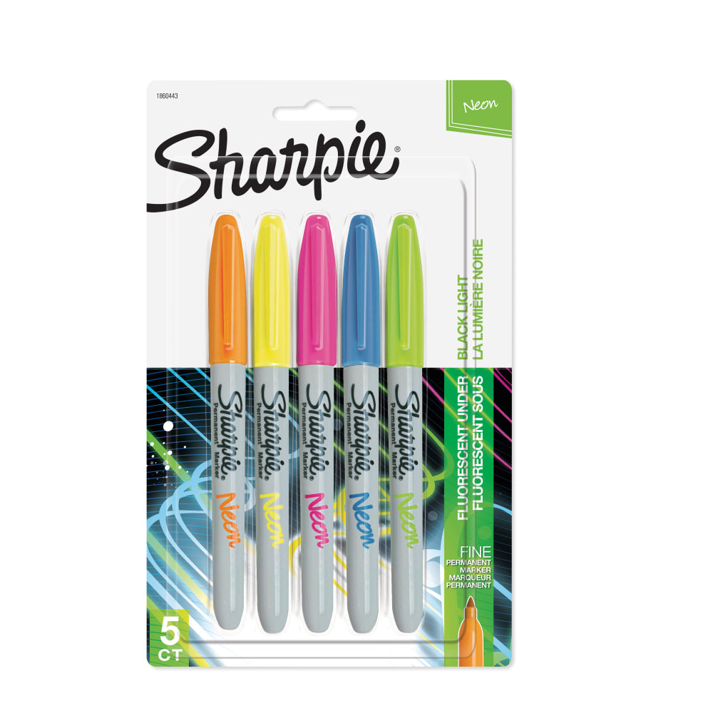 Sharpie Neon Permanent Markers, Fine Point, Assorted Colors, Pack Of 5