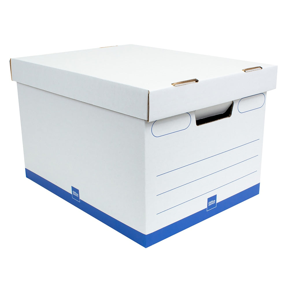 Office Depot Brand Quick Set Up Medium-Duty Storage Boxes With Lift-Off Lids And Built-In Handles, Letter/Legal Size, 15in x 12in x 10in, 60% Recycled, White/Blue, Pack Of 12