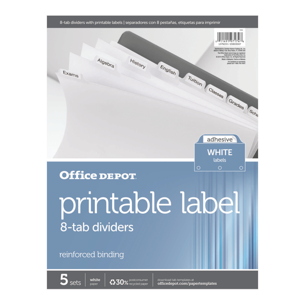 Office Depot Brand Index Dividers, 8 Tabs, 8 1/2in x 11in, White, Pack Of 5