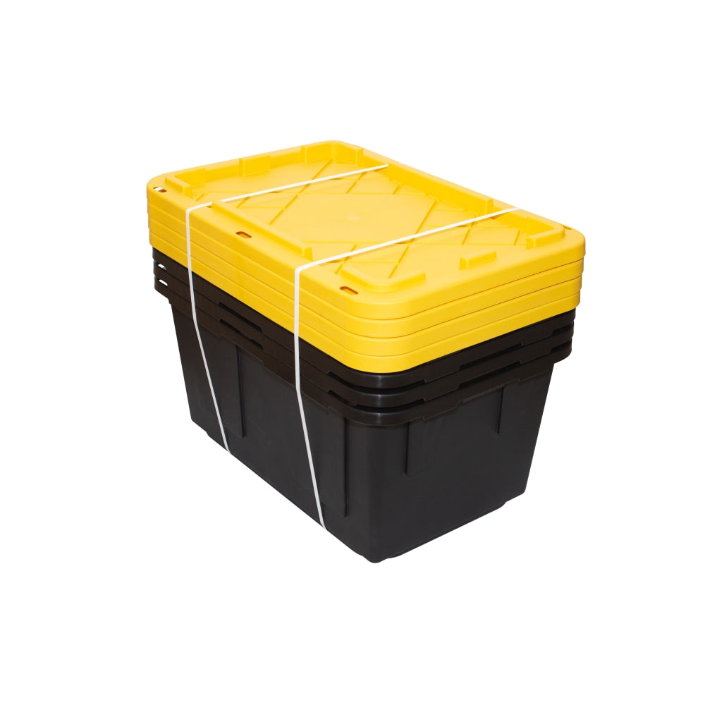 Office Depot Brand by GreenMade Professional Storage Tote With Handles/Snap Lid, 27 Gallon, 30-1/10in x 20-1/4in x 14-3/4in, Black/Yellow, Pack Of 4