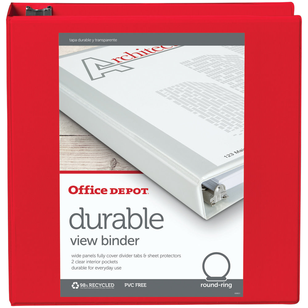 Office Depot Brand Durable View 3-Ring Binder, 2in Round Rings, Red