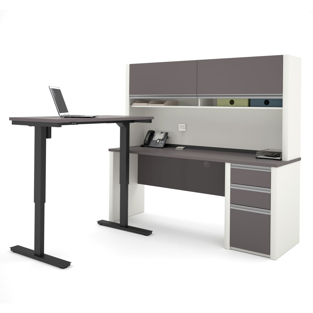 Bestar Connexion 72inW L-Shaped Standing Corner Desk With Pedestal And Hutch, Slate/Sandstone