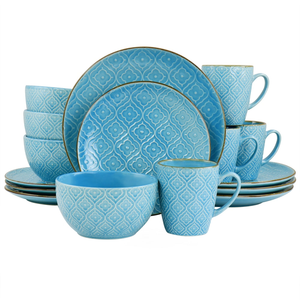 Gibson Elite Elama Aqualite 16-Piece Embossed Stoneware Dinnerware Set, Teal