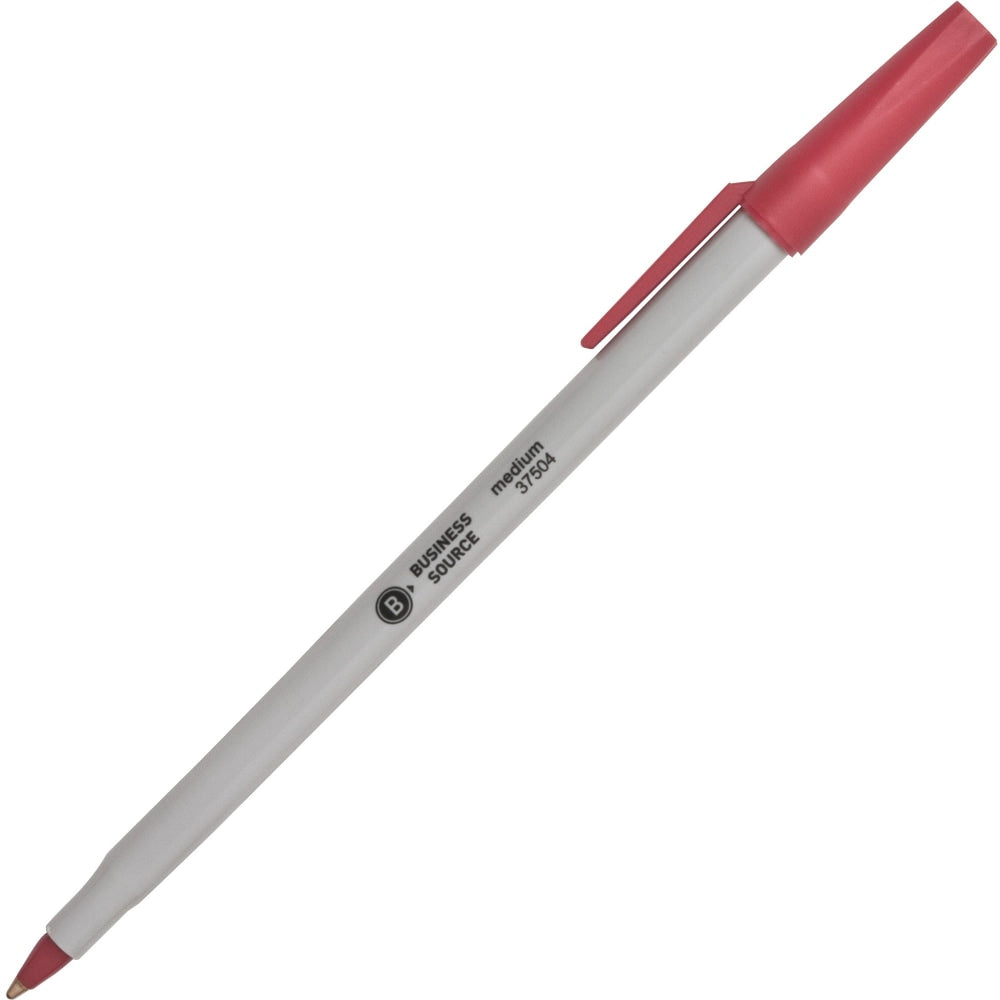 Business Source Ballpoint Stick Pens, Medium Point, Light Gray Barrel, Red Ink, Pack Of 12 Pens