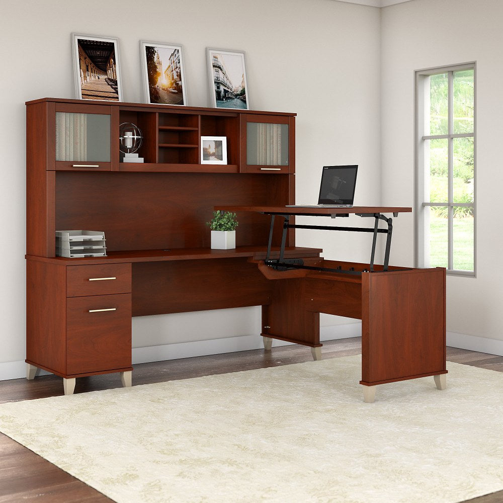 Bush Furniture Somerset 3 Position Sit to Stand L Shaped Desk With Hutch, 72inW, Hansen Cherry, Standard Delivery