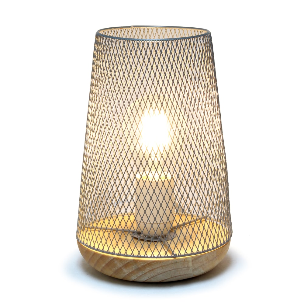 Simple Designs Wired Mesh Uplight Table Lamp, 9inH, Gray Shade/Natural Wood Base