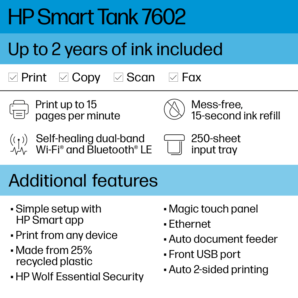 HP Smart Tank 7602 Wireless All-In-One Color Inkjet Printer