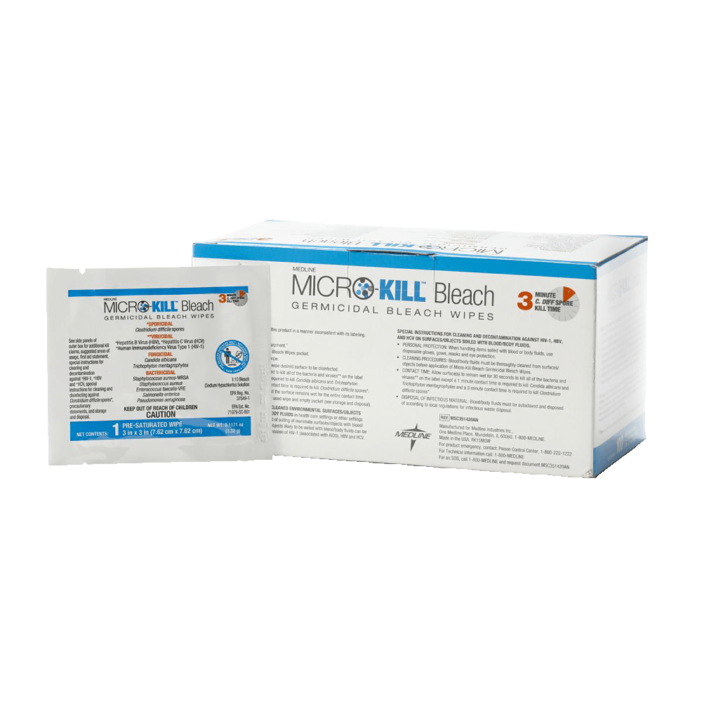 Medline Micro-Kill+ Bleach Germicidal Bleach Wipes, 3in x 3in, White, Box Of 100